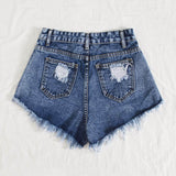 Azul lavado medio / M Shorts jean rotos bajo crudo