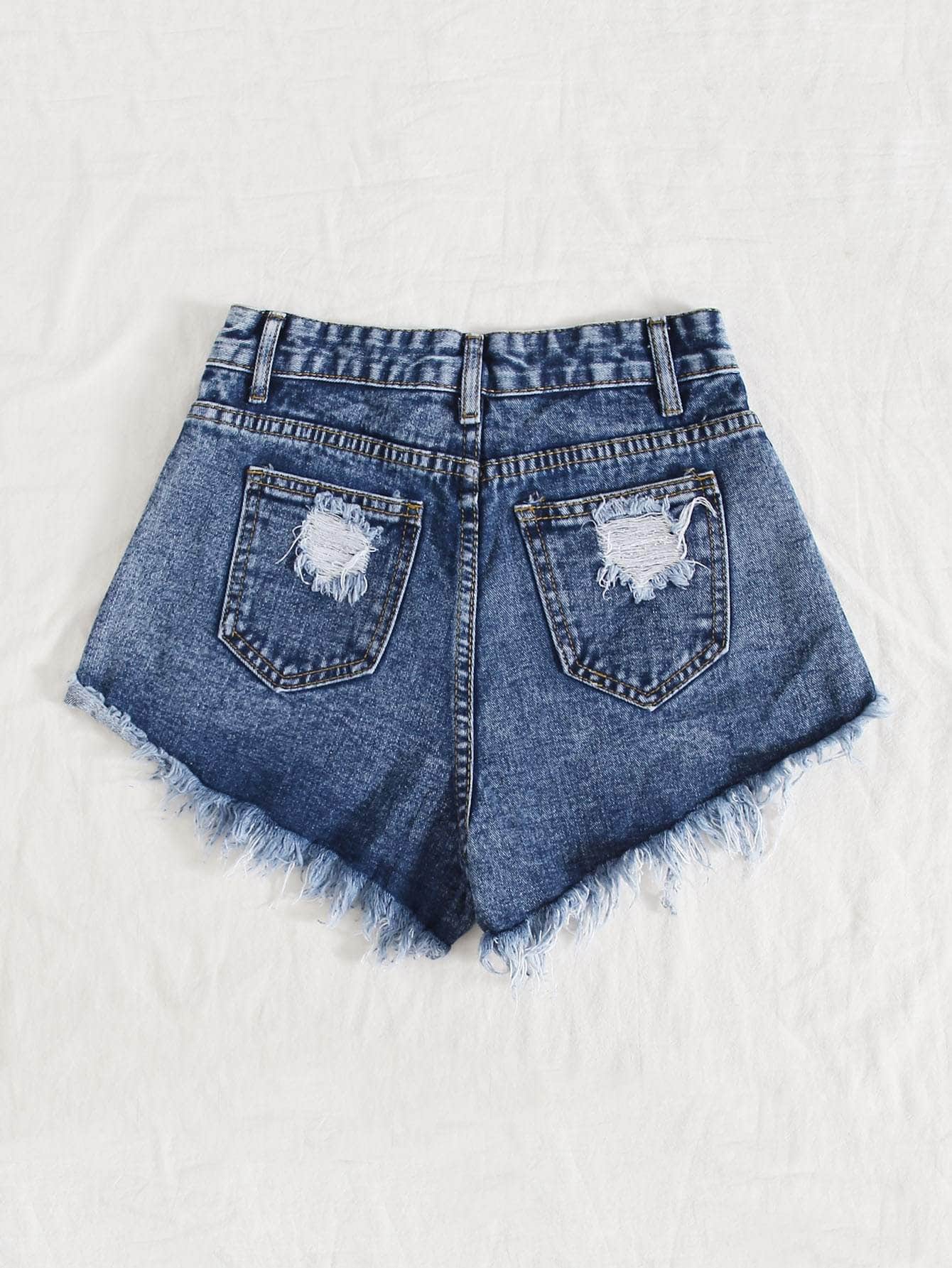 Azul lavado medio / M Shorts jean rotos bajo crudo