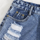 Azul lavado medio / L Shorts jean rotos bajo crudo