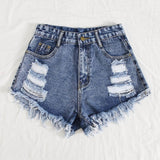 Azul lavado medio / XL Shorts jean rotos bajo crudo