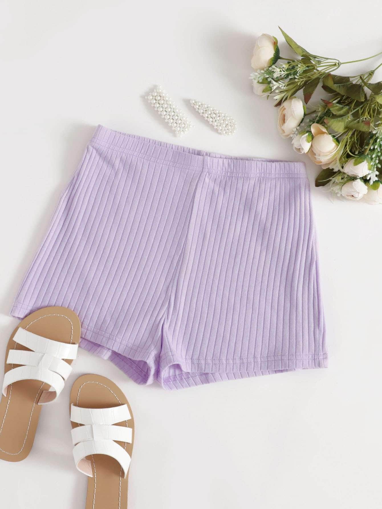 Lila Purpura / XS Shorts tejido de canalé de cintura elástica