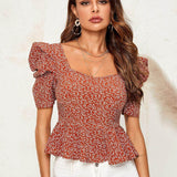 Red / XS Square Neck Puff Sleeve Peplum Top