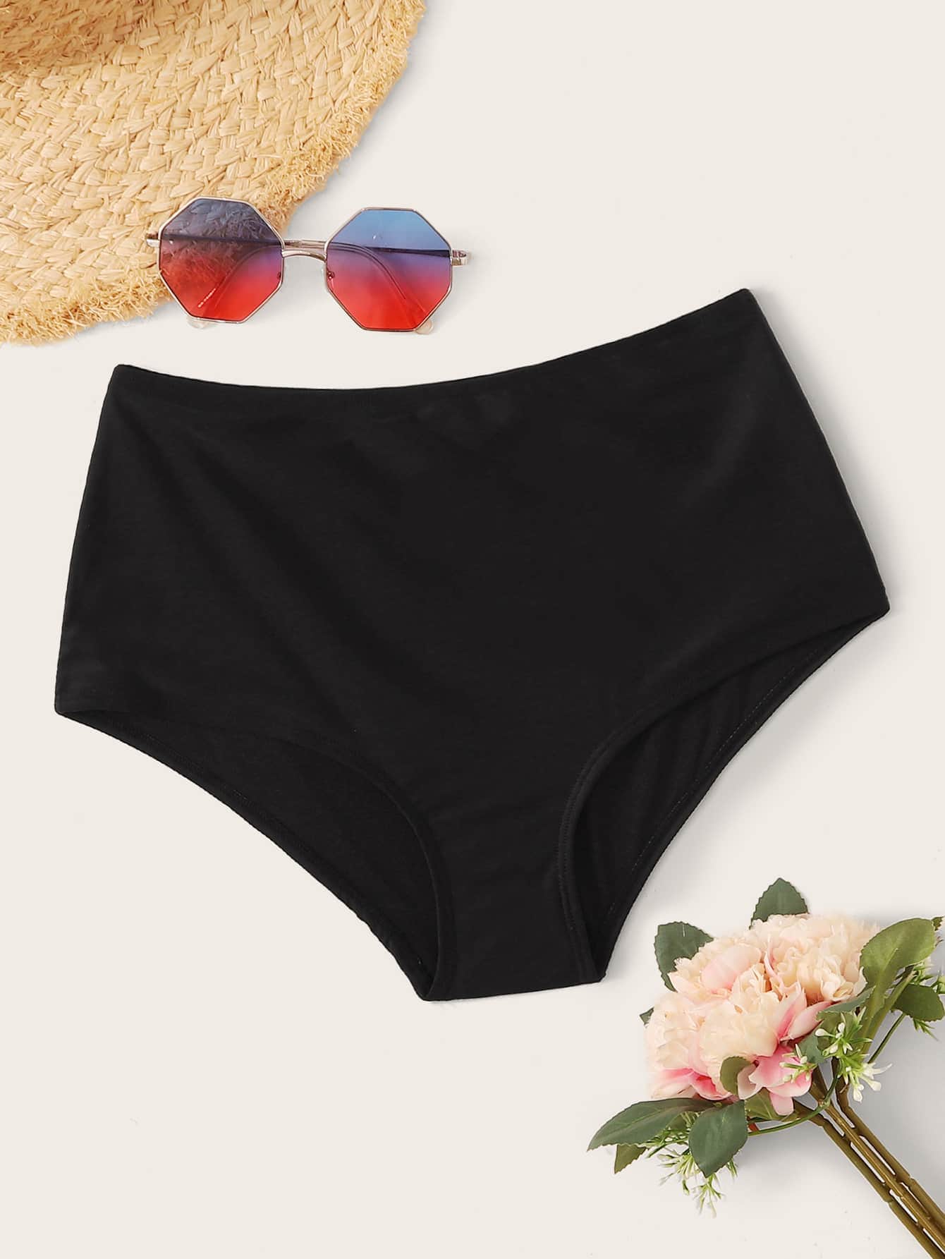 Negro / S Tangas bikini de cintura alta unicolor