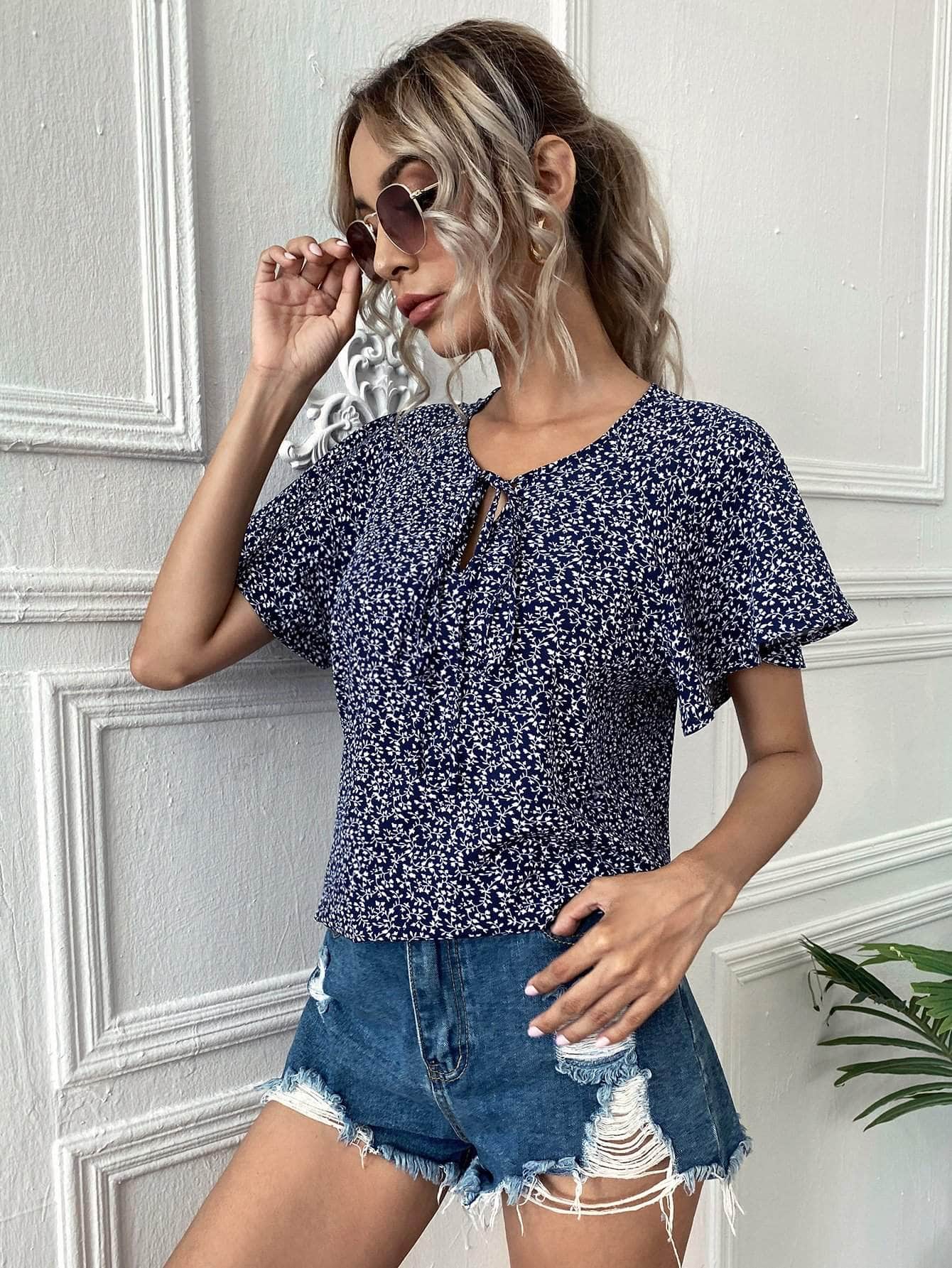 Tie Neck Ruffle Cuff Ditsy Floral Top