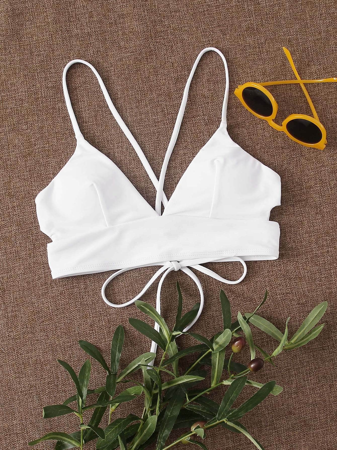 Blanco / S Top bikini de espalda con cordón con abertura