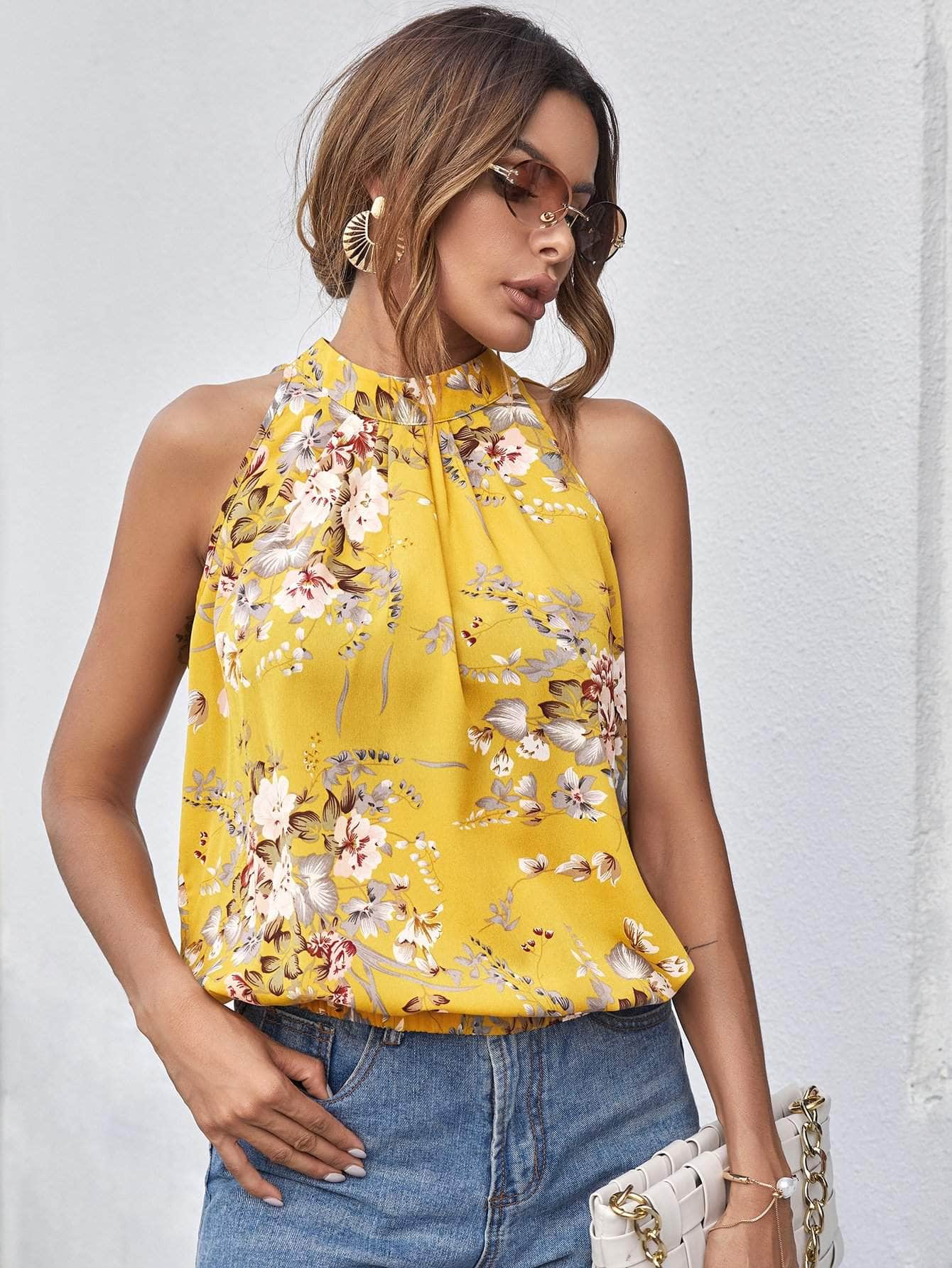 Amarillo / XS Top con estampado floral con fruncido