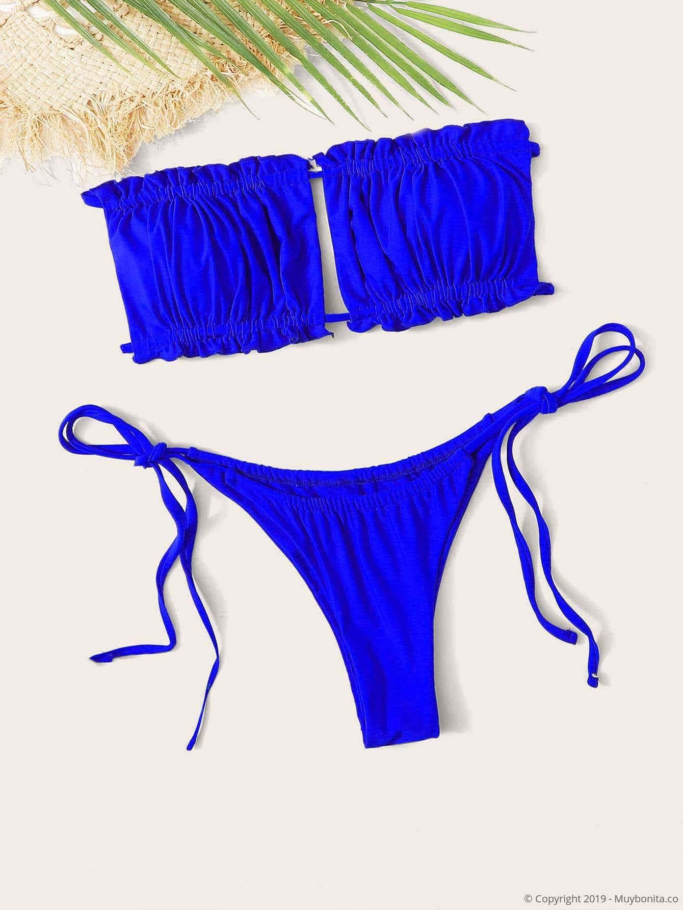 Azul / S Traje de baño de bikini con lazo y lazada en el volante fruncido fruncido