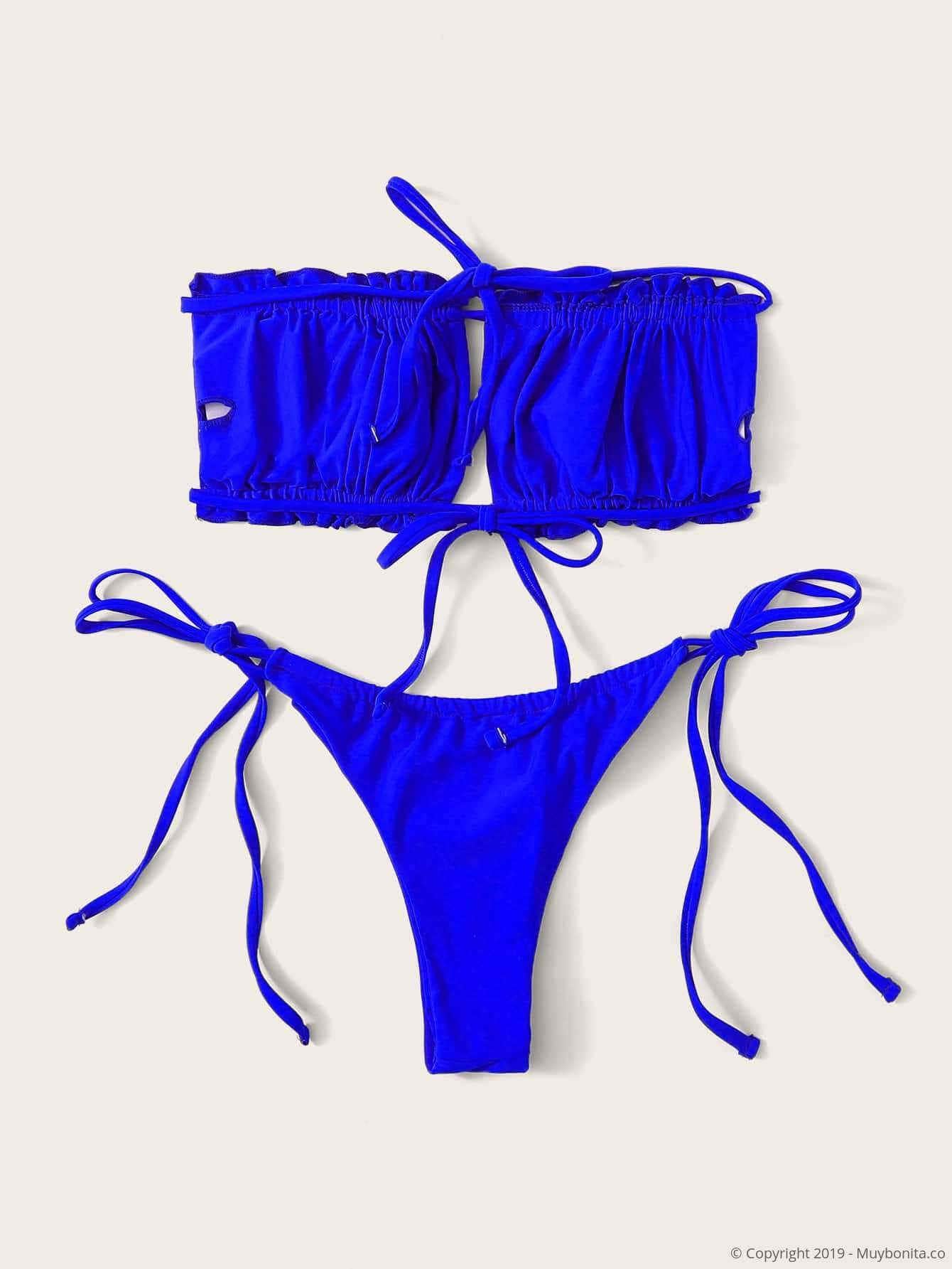 Azul / M Traje de baño de bikini con lazo y lazada en el volante fruncido fruncido
