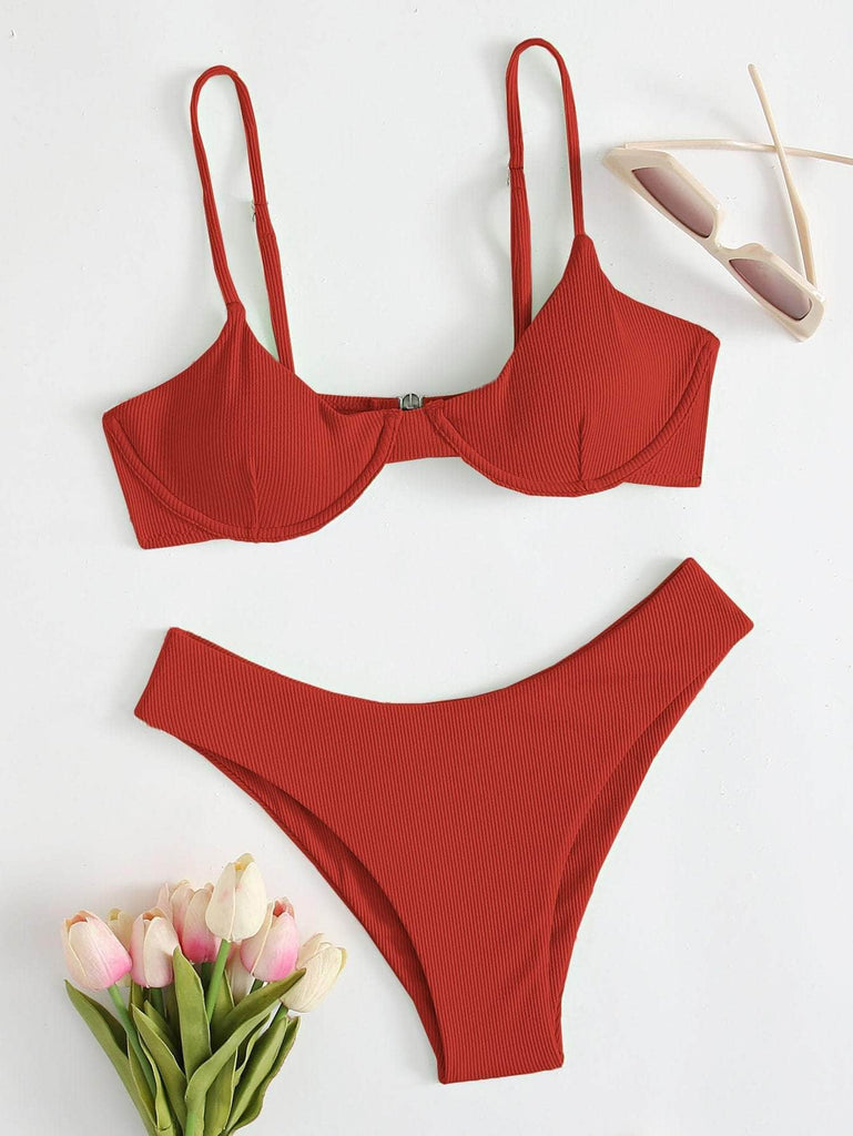 Rojo / S Vestido de baño bikini con aro de canalé