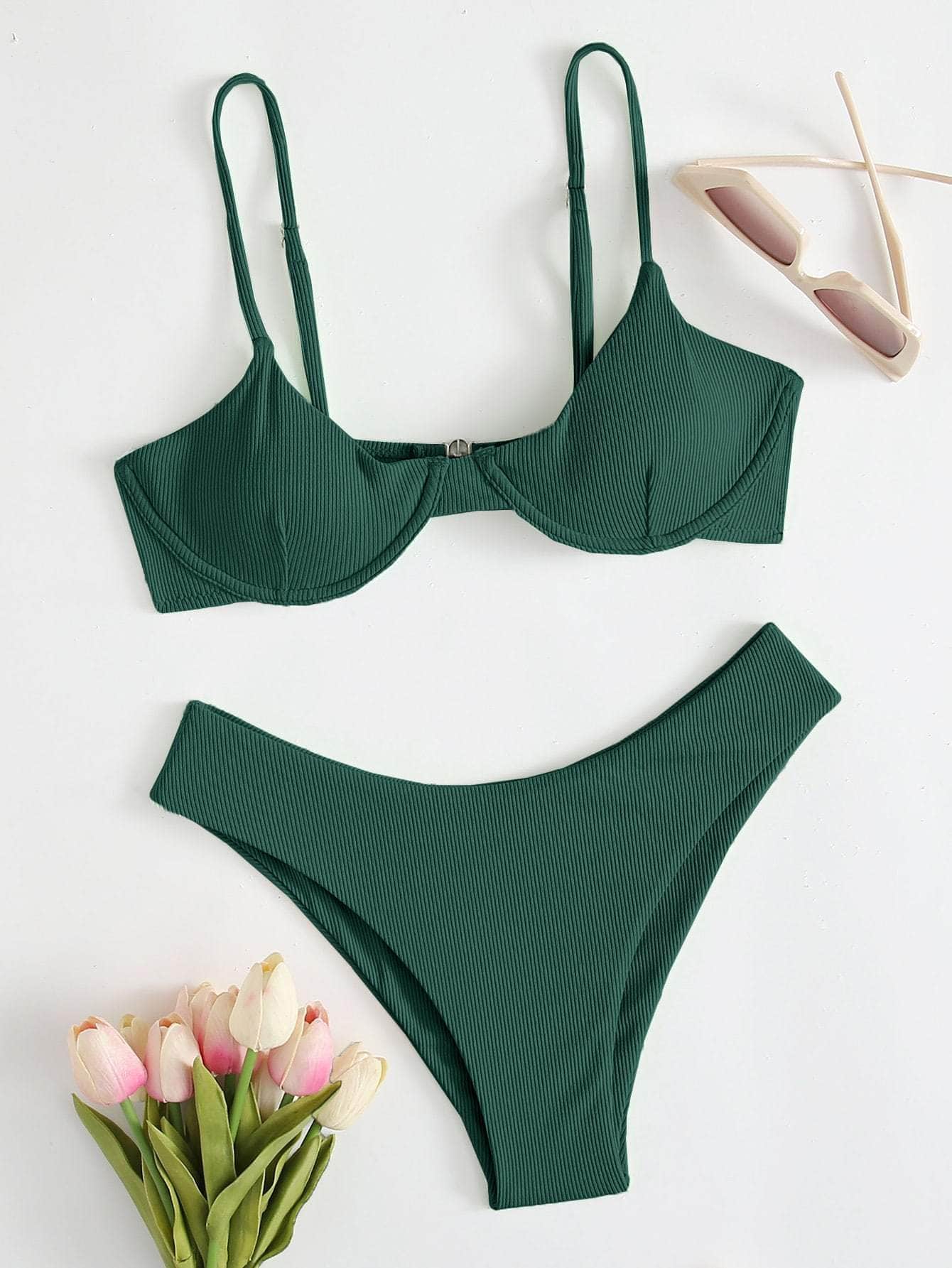 Verde Oscuro / S Vestido de baño bikini con aro de canalé