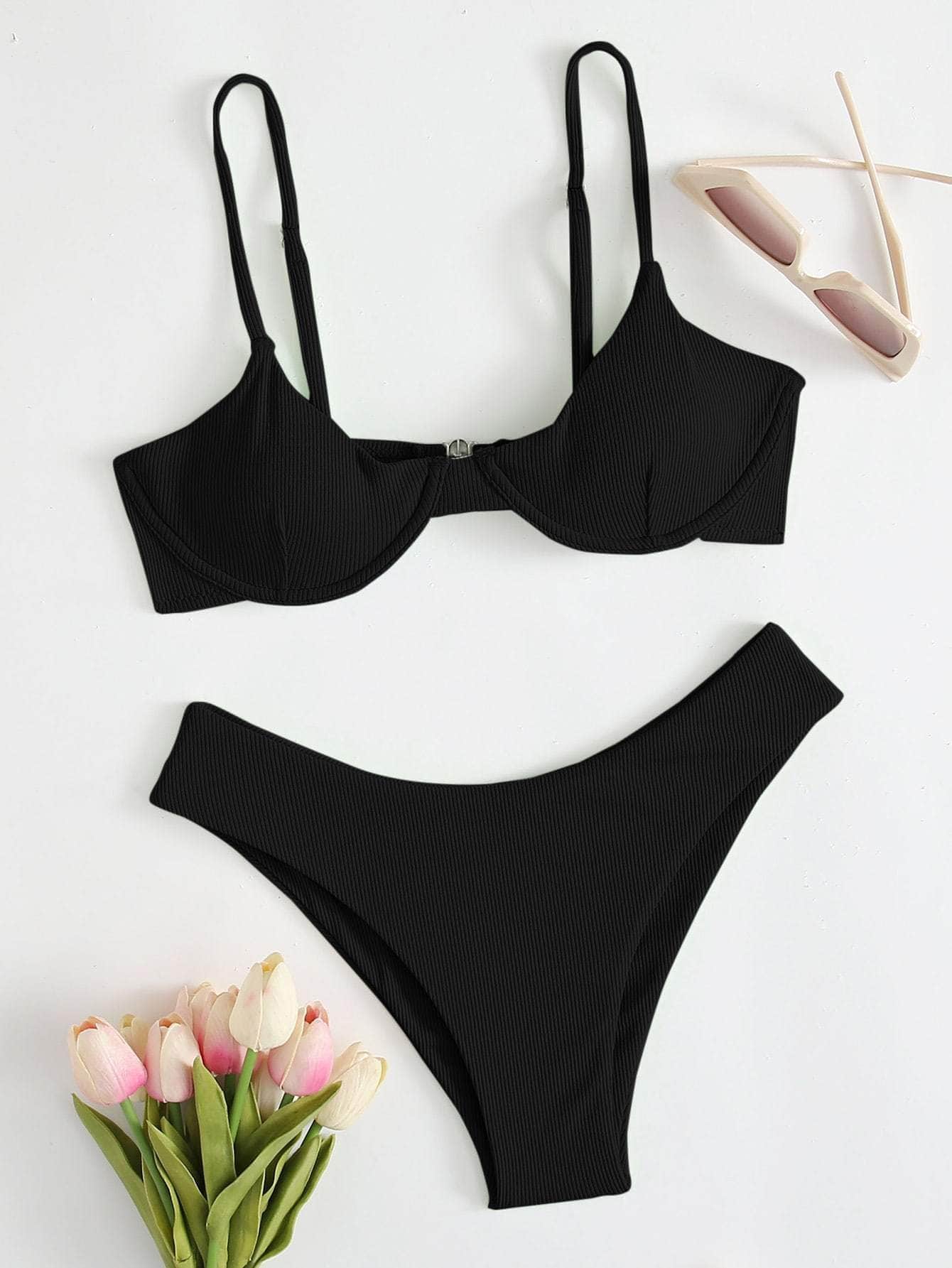 Negro / S Vestido de baño bikini con aro de canalé