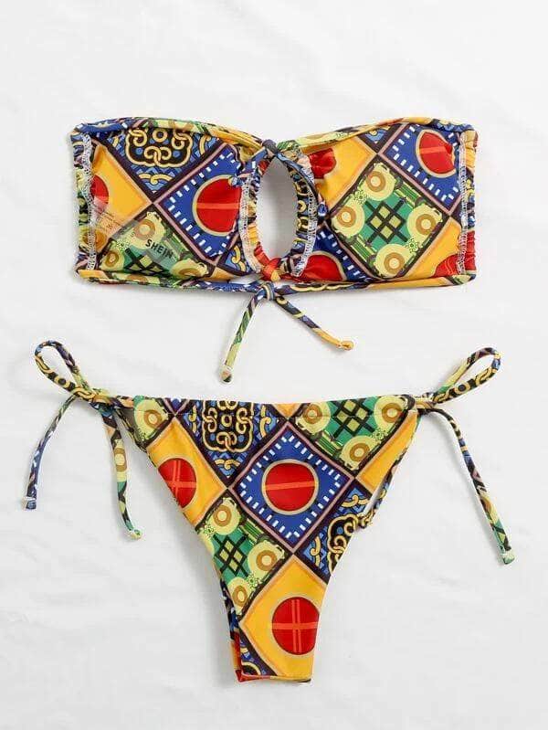 L / Multicolor Vestido de baño bikini con cordón lateral bandeau tribal geométrico