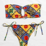 XL / Multicolor Vestido de baño bikini con cordón lateral bandeau tribal geométrico