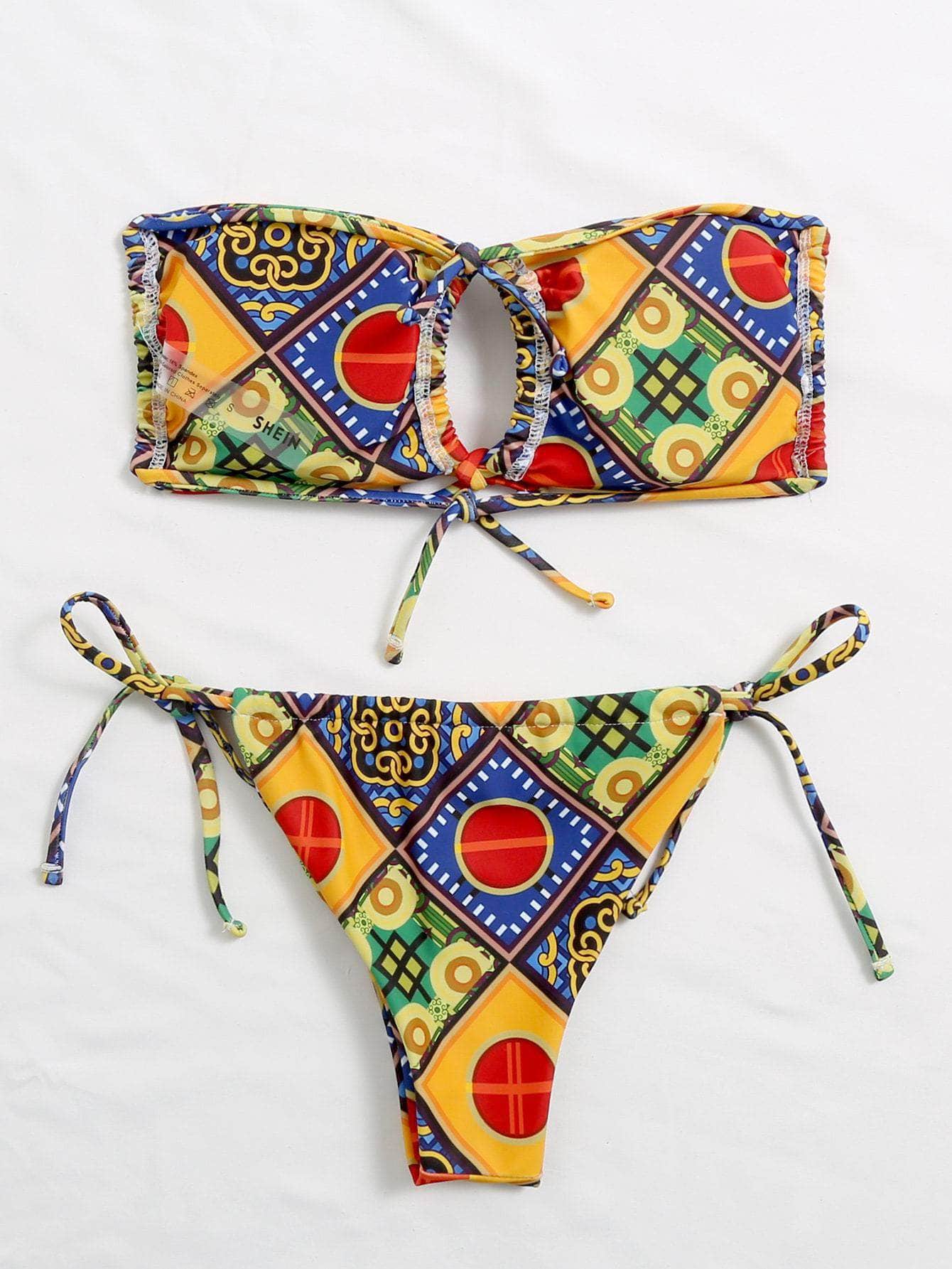 Multicolor / M Vestido de baño bikini con cordón lateral brasier sin tirantes tribal geométrico
