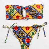 Multicolor / XL Vestido de baño bikini con cordón lateral brasier sin tirantes tribal geométrico