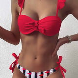 Rojo / S Vestido de baño bikini con cordón lateral con estampado de flamenco de rayas