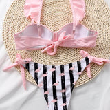 Vestido de baño bikini con cordón lateral con estampado de flamenco de rayas