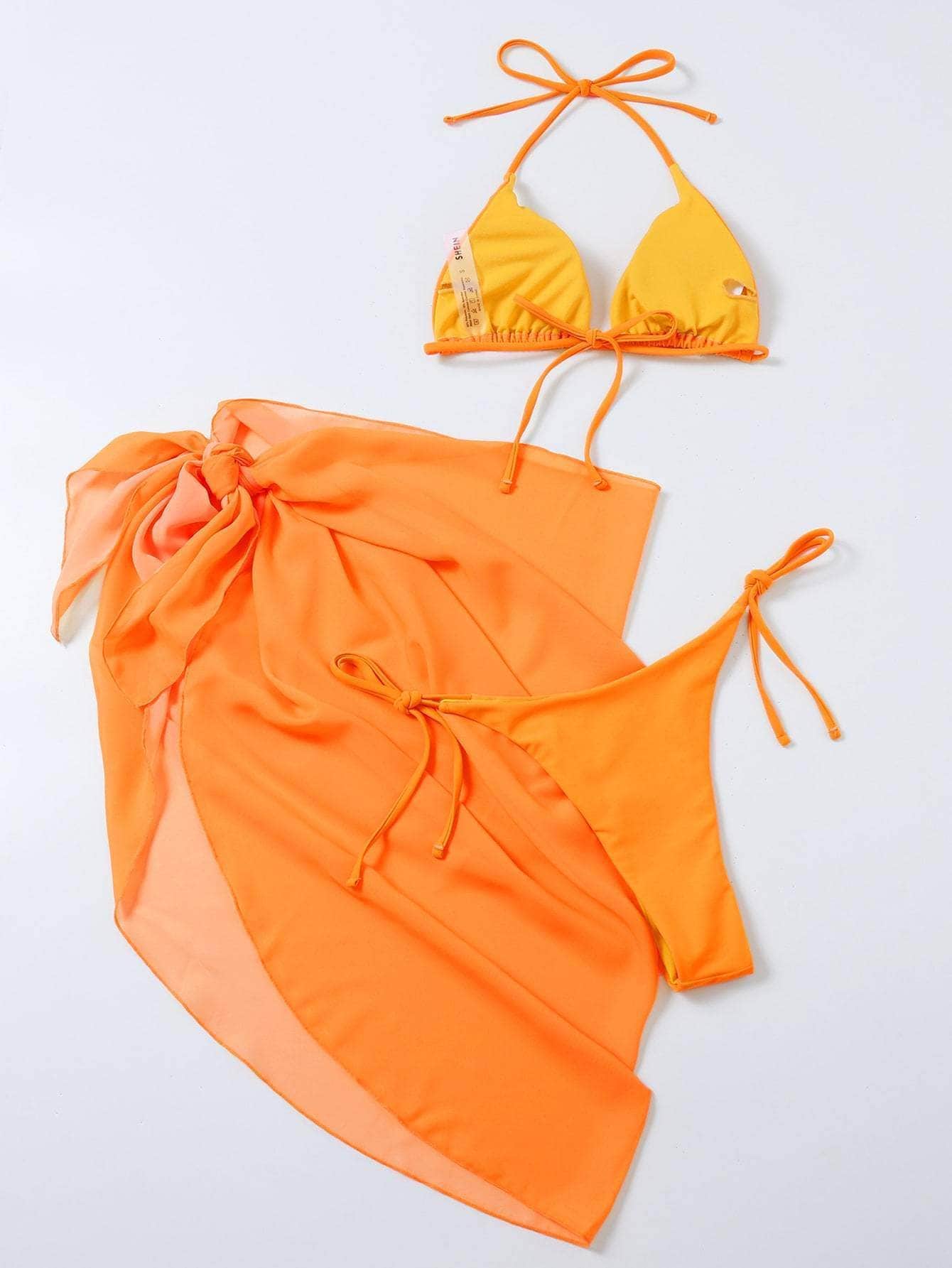 Naranja / M Vestido de baño bikini con cordón lateral triángulo con falda playera