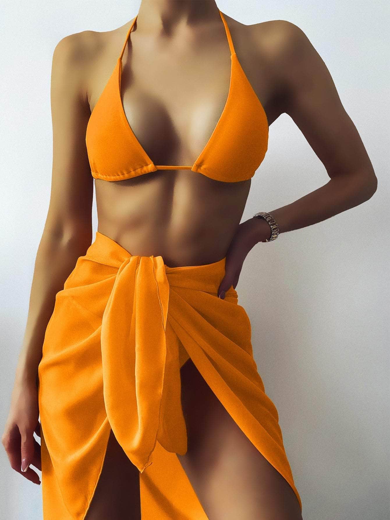 Naranja / S Vestido de baño bikini con cordón lateral triángulo con falda playera