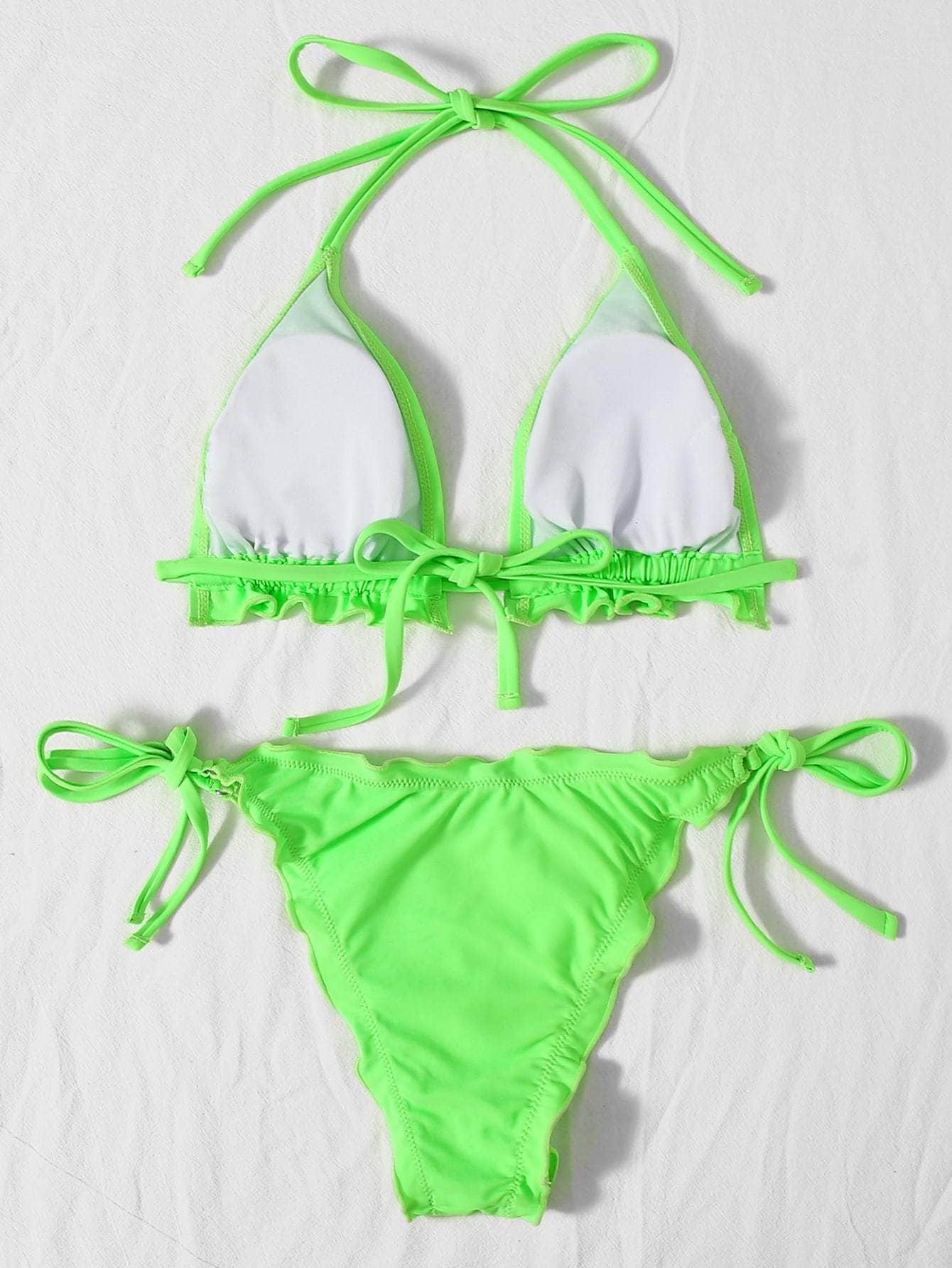 Vestido de baño bikini con cordón lateral triángulo fruncido neón