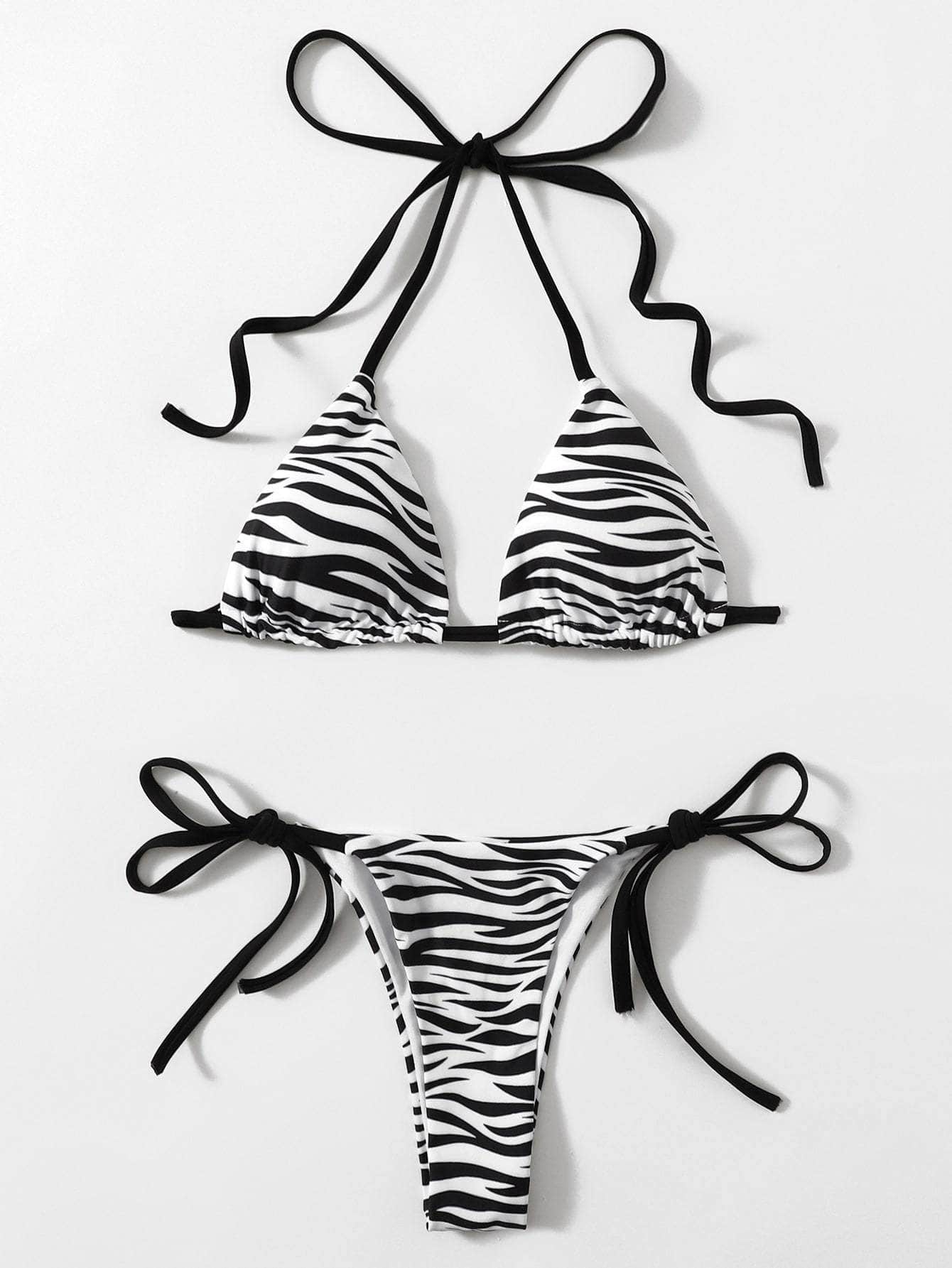 Blanco y Negro / S Vestido de baño bikini con cordón lateral triángulo halter de rayas