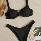 Negro / S Vestido de baño bikini cortado alto con aro de canalé