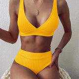 Amarillo / S Vestido de baño bikini de cintura alta de canalé