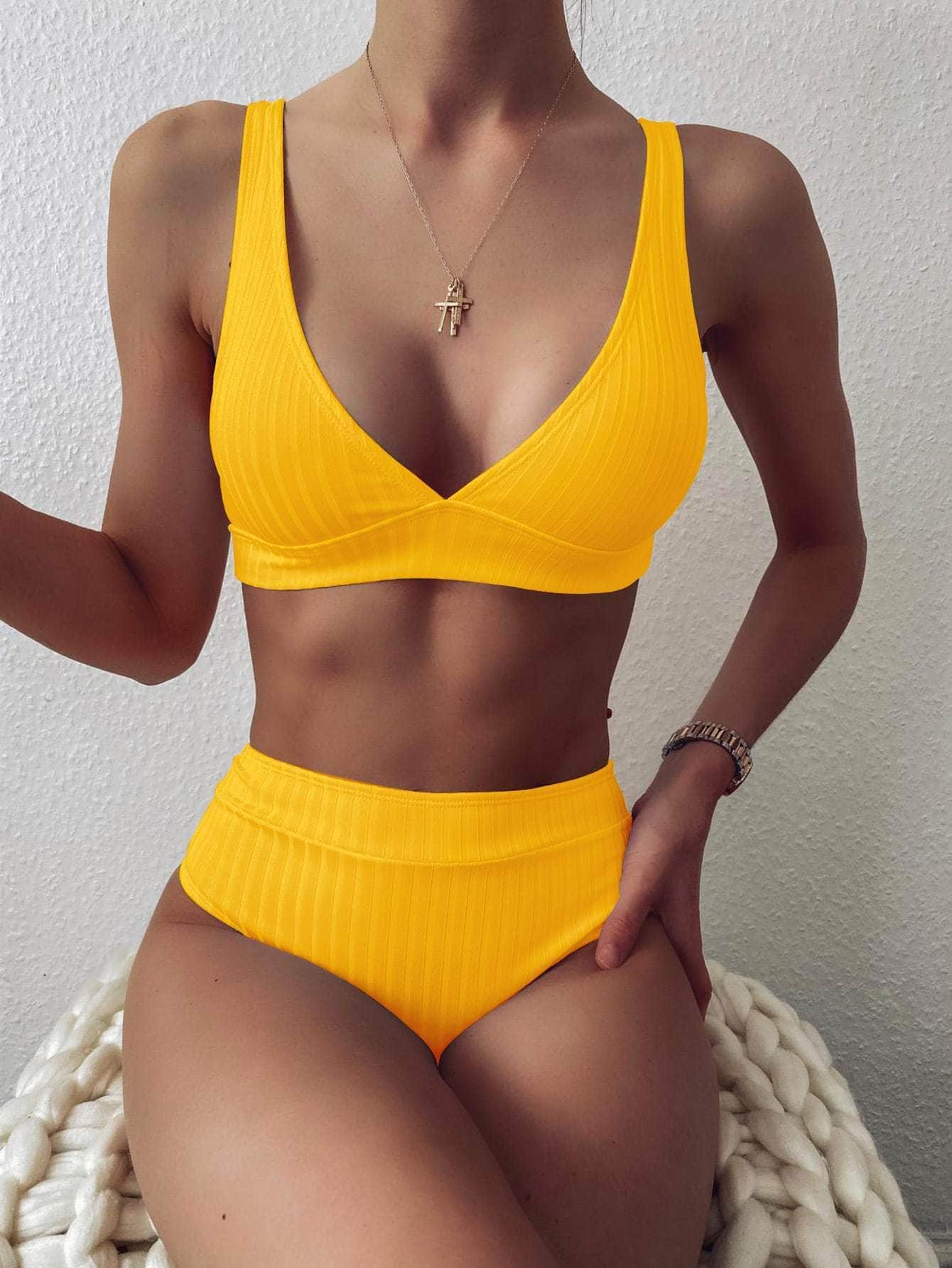 Amarillo / S Vestido de baño bikini de cintura alta de canalé