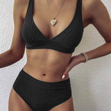 Negro / L Vestido de baño bikini de cintura alta de canalé