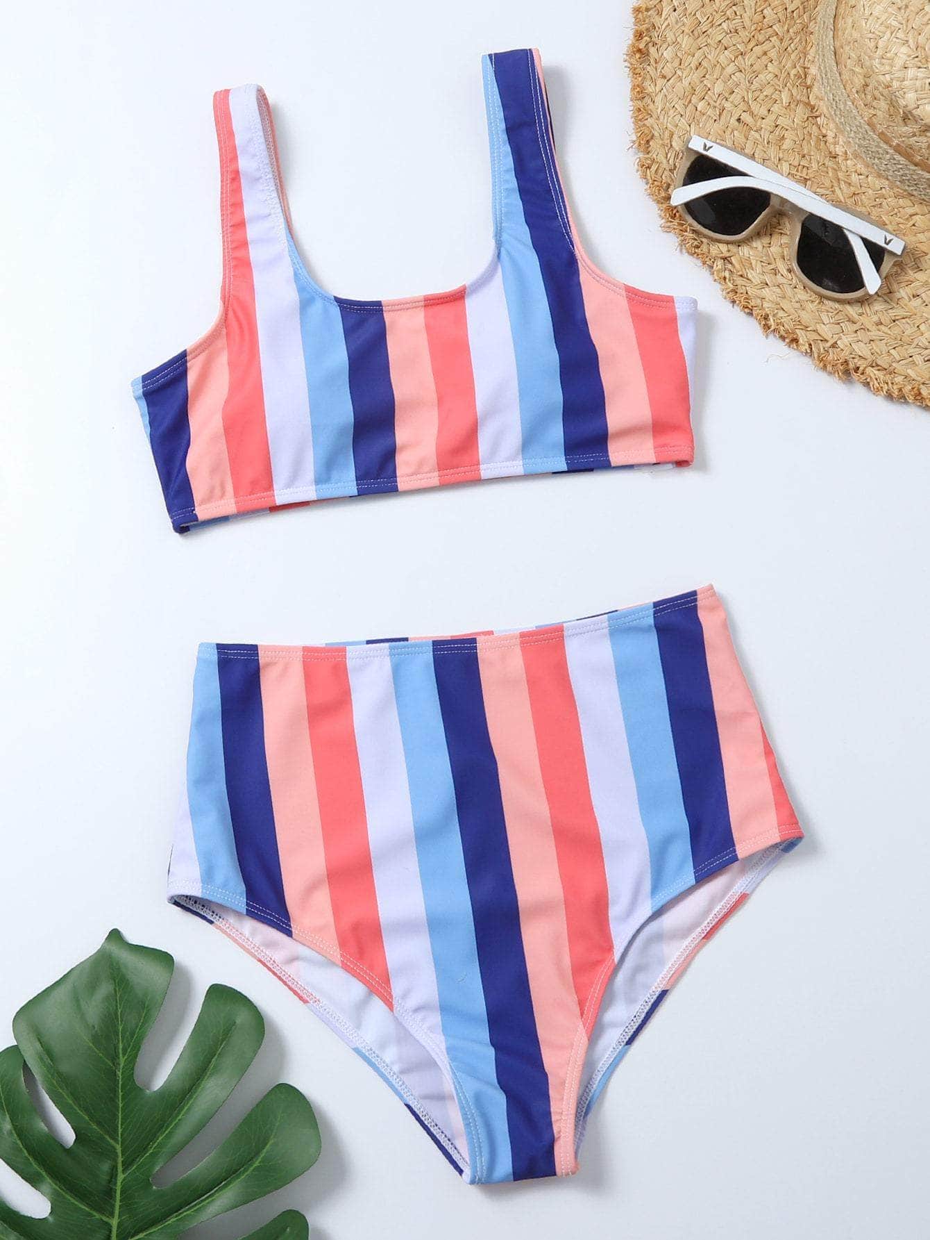Multicolor 1 / XS Vestido de baño bikini de cintura alta de rayas vistosas