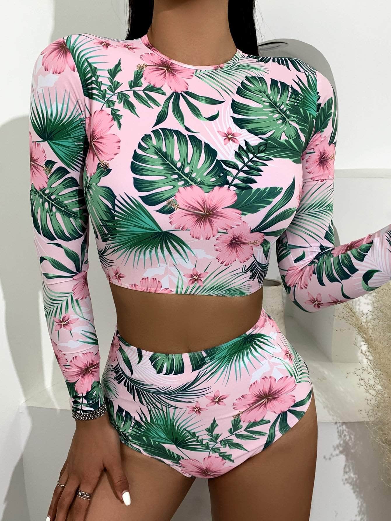 Vestido de baño bikini de cintura alta floral tropical
