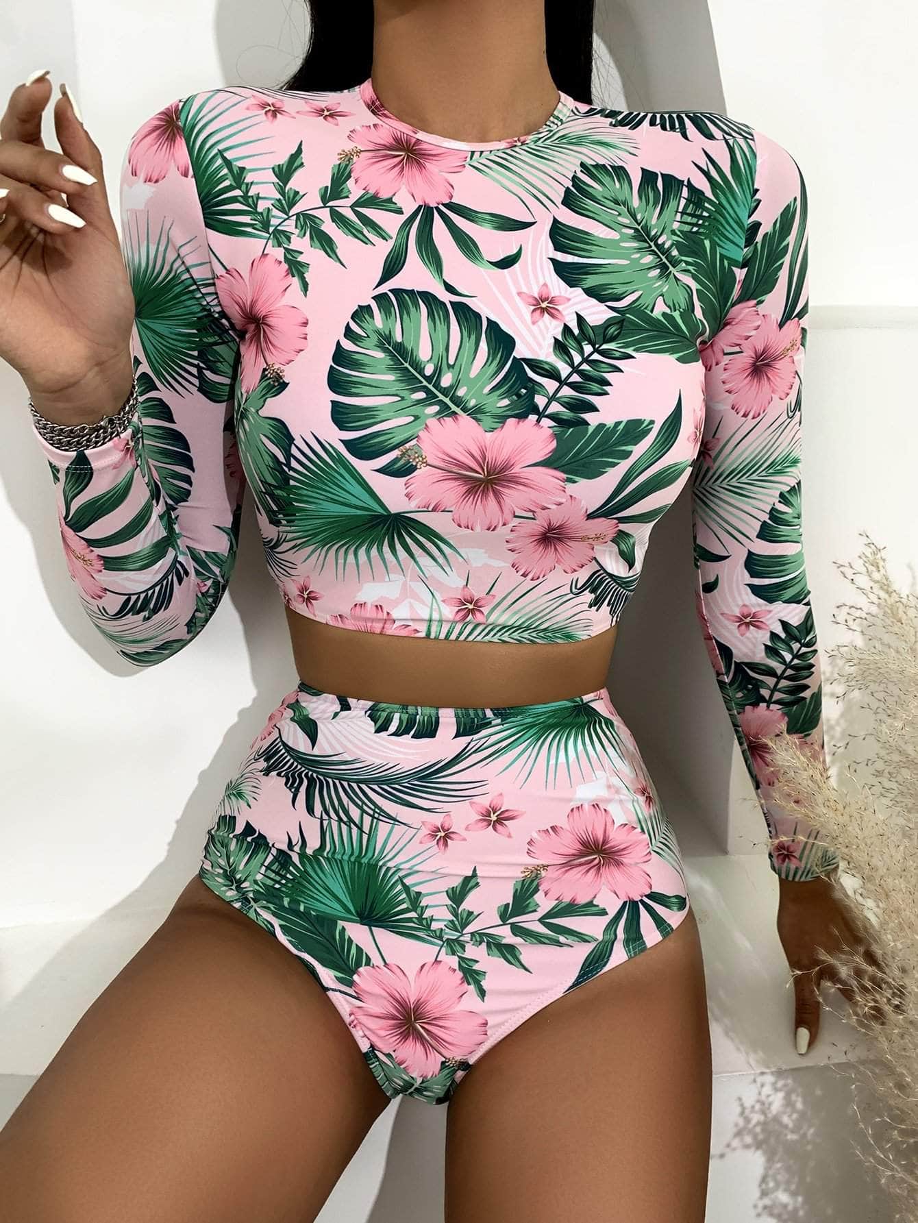 Multicolor / S Vestido de baño bikini de cintura alta floral tropical