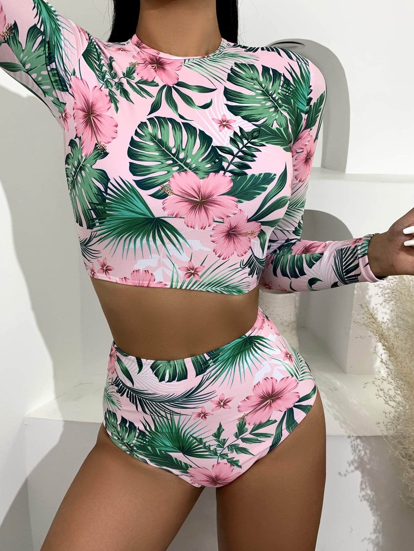 Multicolor / XL Vestido de baño bikini de cintura alta floral tropical