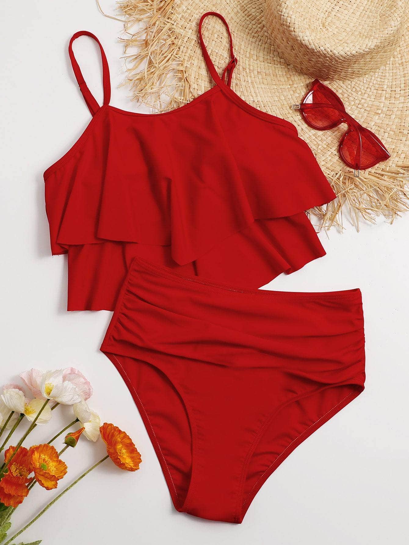 Rojo / L Vestido de baño bikini de cintura alta fruncido bajo hanky