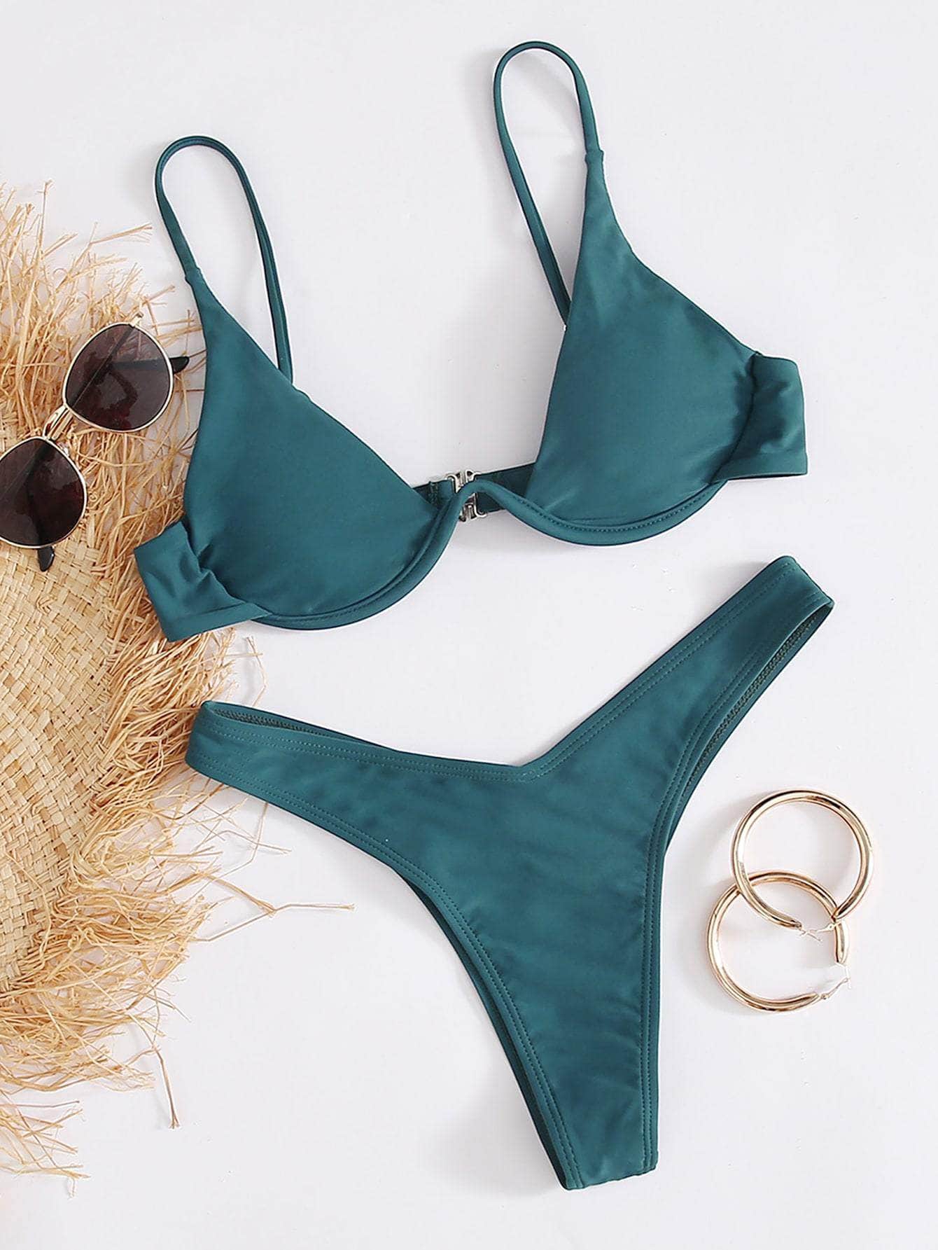 Agua verde azul / L Vestido de baño bikini de pierna alta con aro