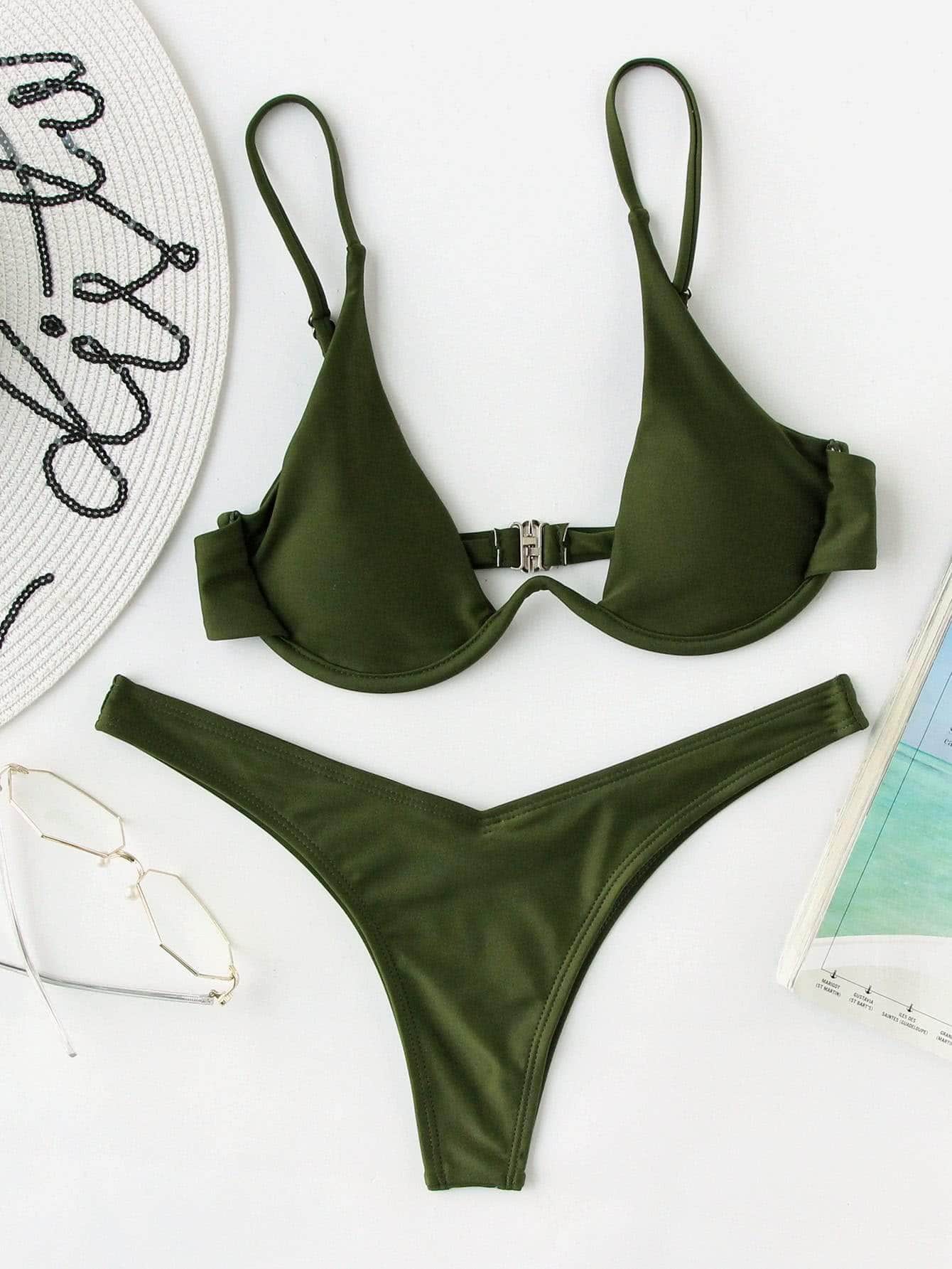 Verde militar / S Vestido de baño bikini de pierna alta con aro