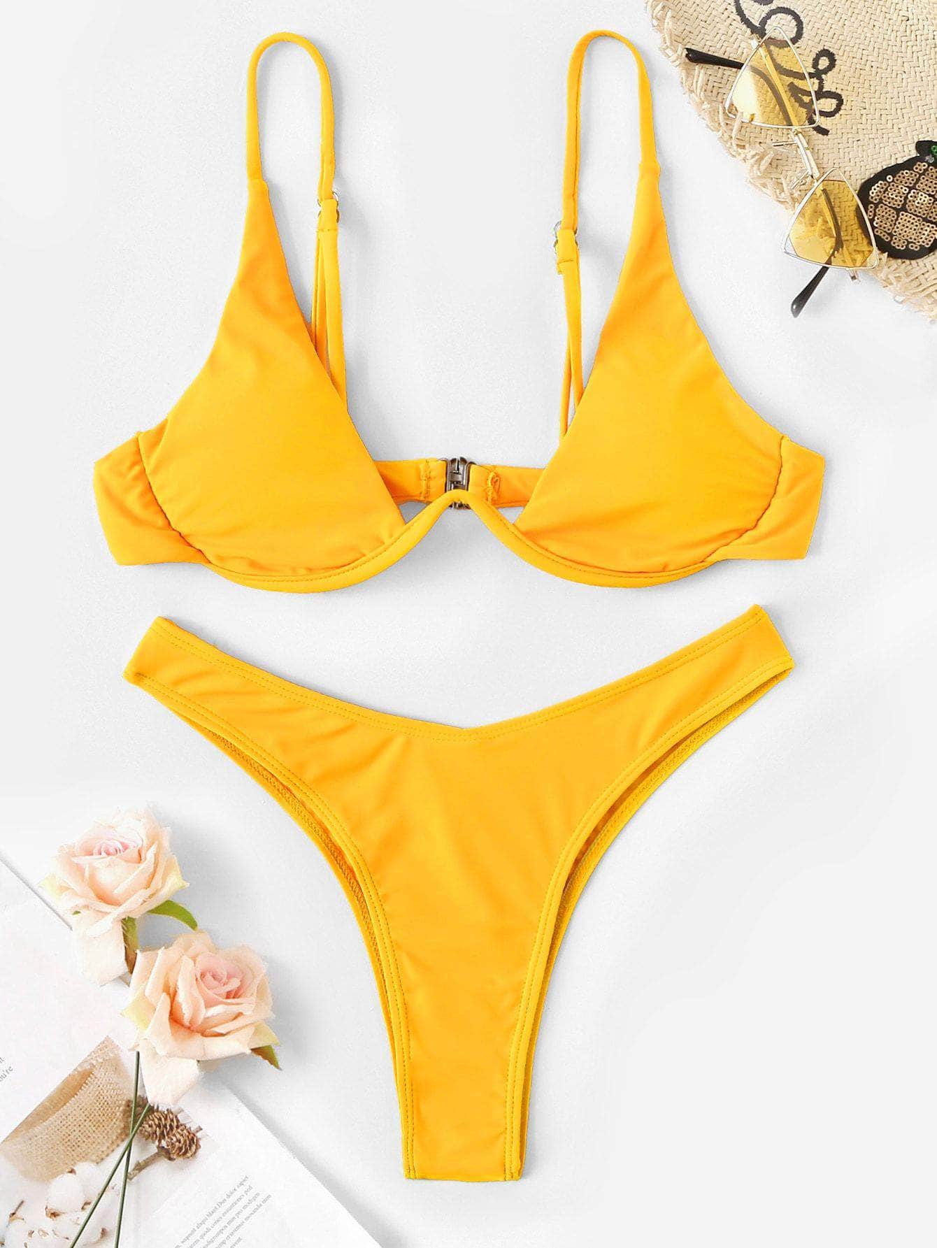 Mostaza Amarilla / S Vestido de baño bikini de pierna alta con aro