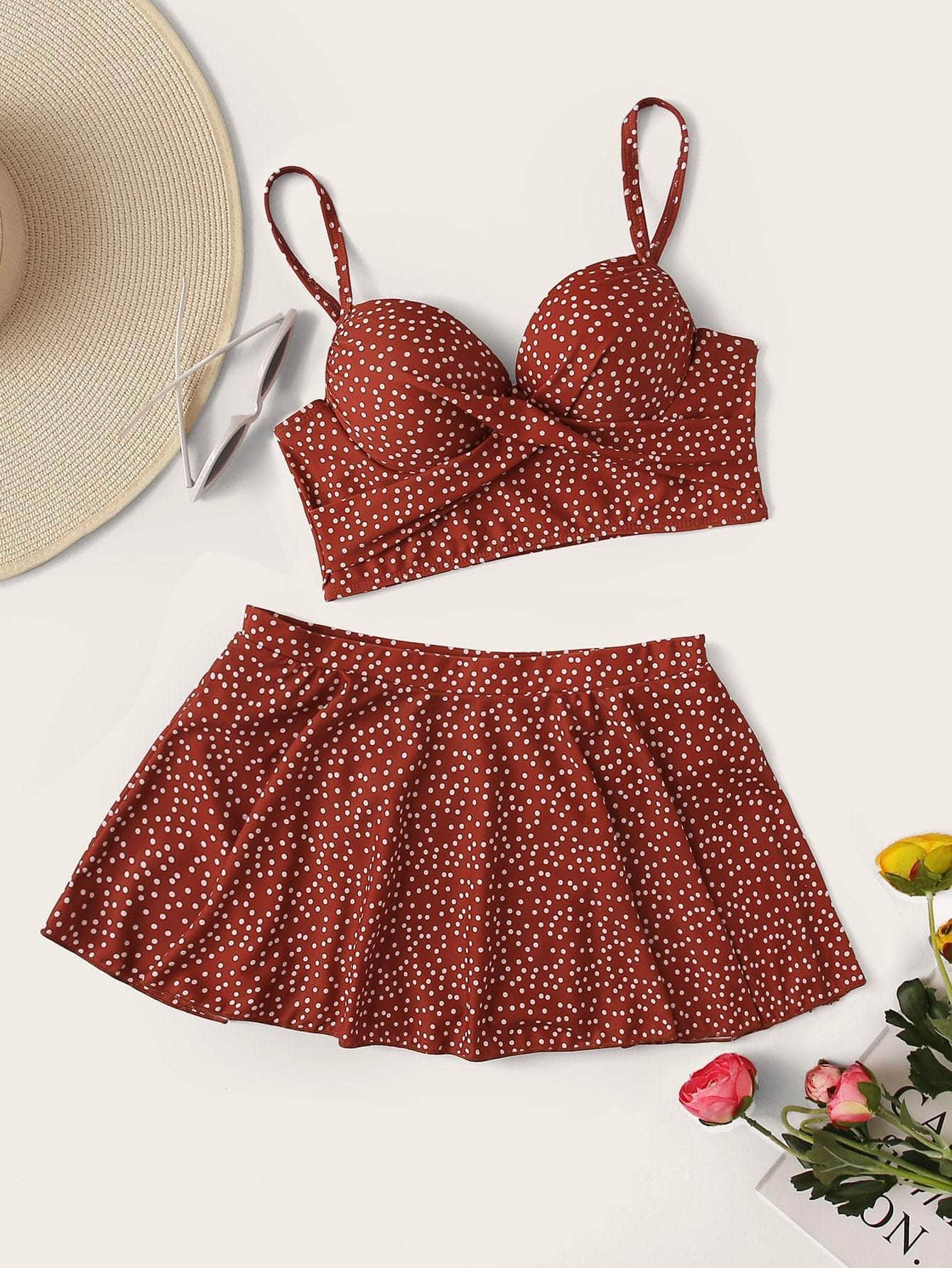 Rojo / S Vestido de baño bikini falda con aro girante de lunares