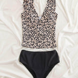 Vestido de baño bikini fruncido de leopardo