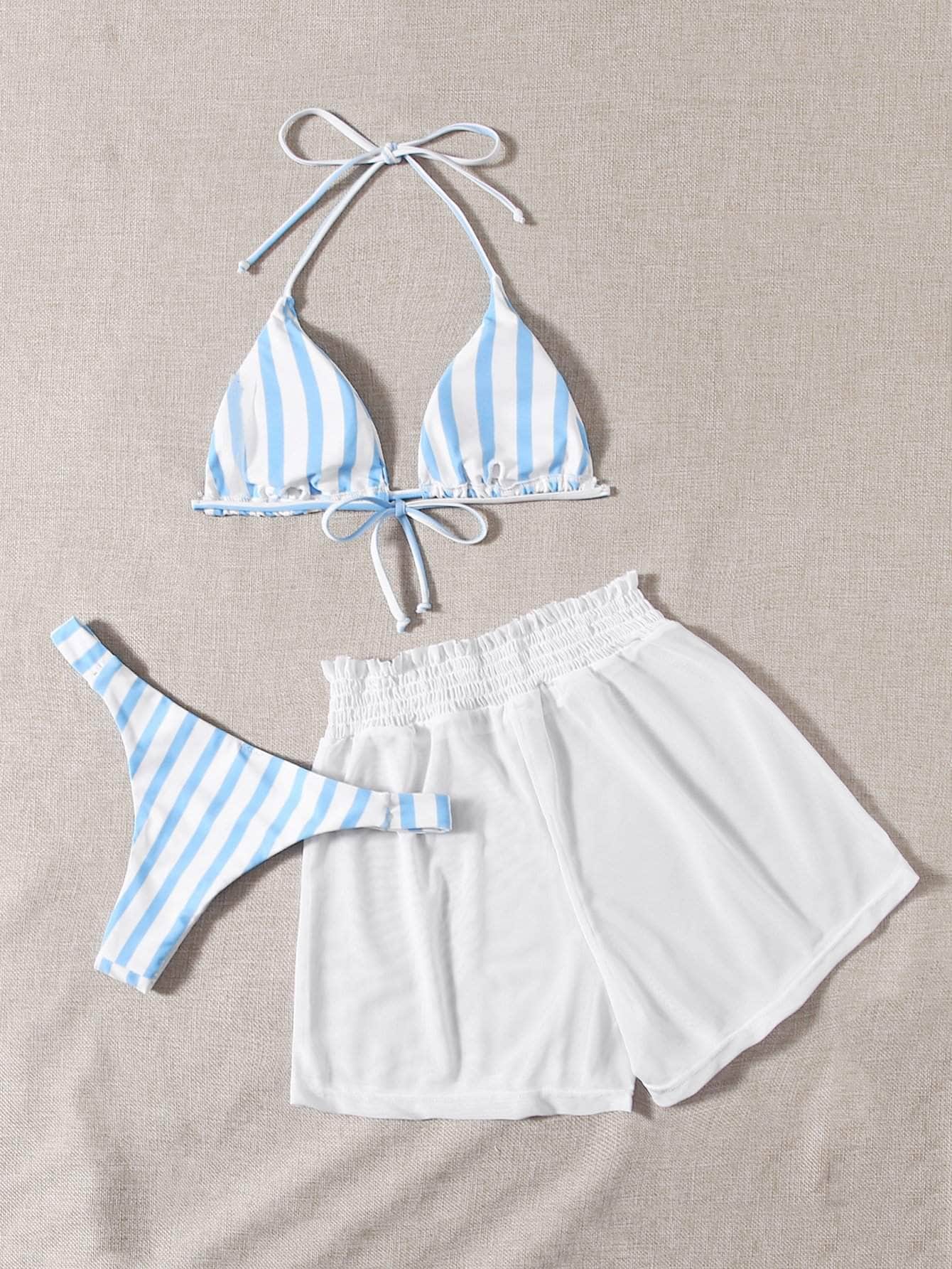 Azul y blanco / S Vestido de baño bikini triángulo de rayas con shorts con malla