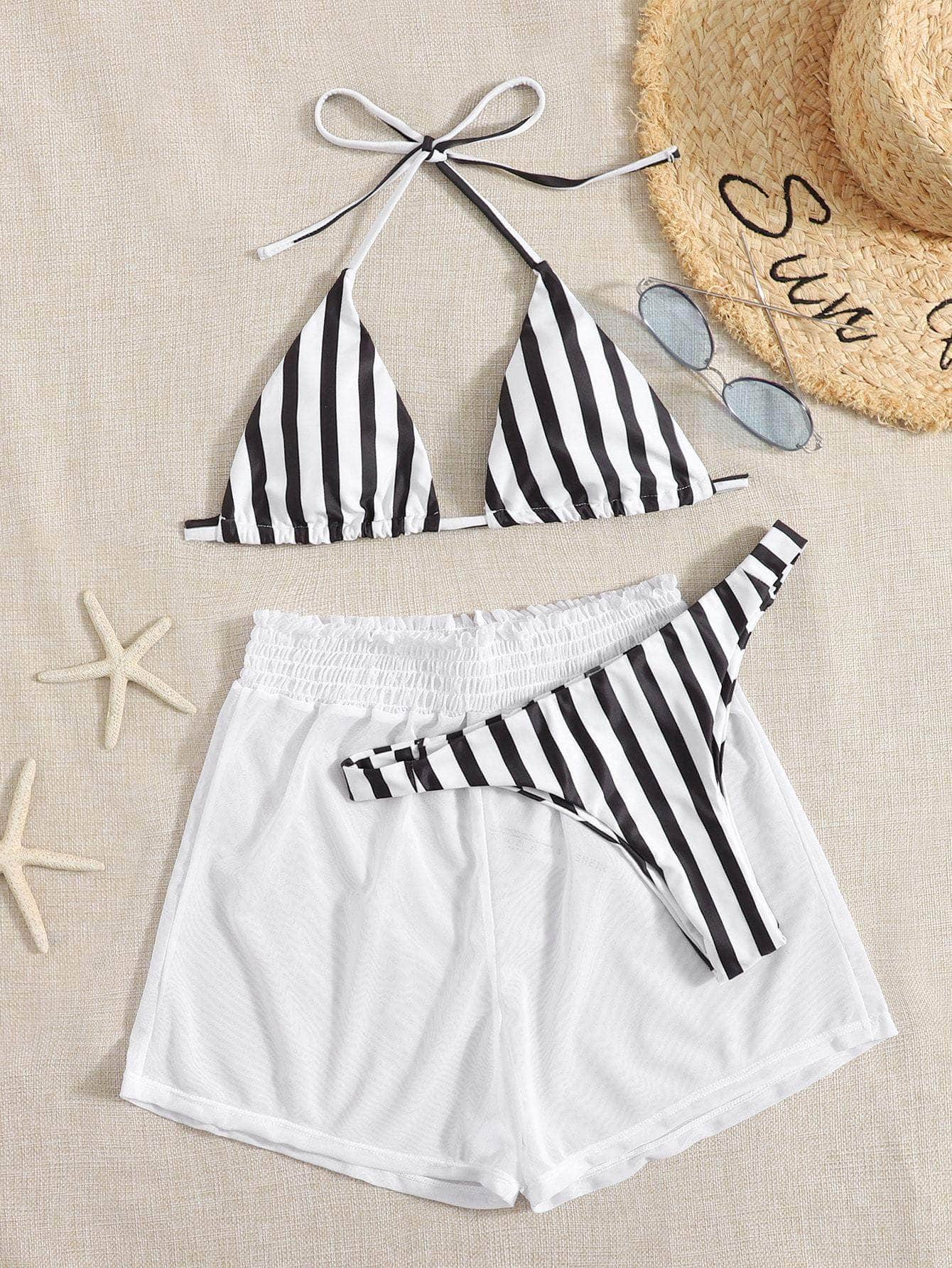 Blanco y Negro / XS Vestido de baño bikini triángulo de rayas con shorts con malla