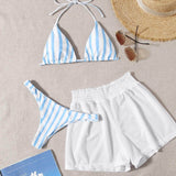 Azul y blanco / M Vestido de baño bikini triángulo de rayas con shorts con malla