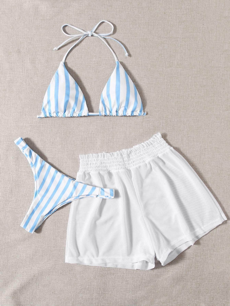 Azul y blanco / XS Vestido de baño bikini triángulo de rayas con shorts con malla