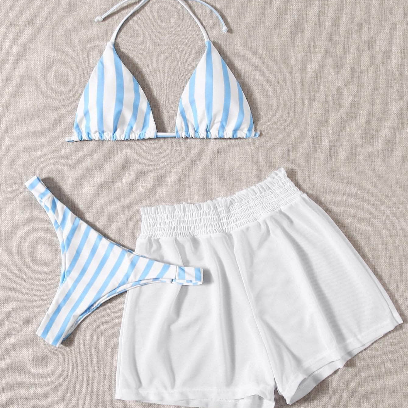 Azul y blanco / XS Vestido de baño bikini triángulo de rayas con shorts con malla