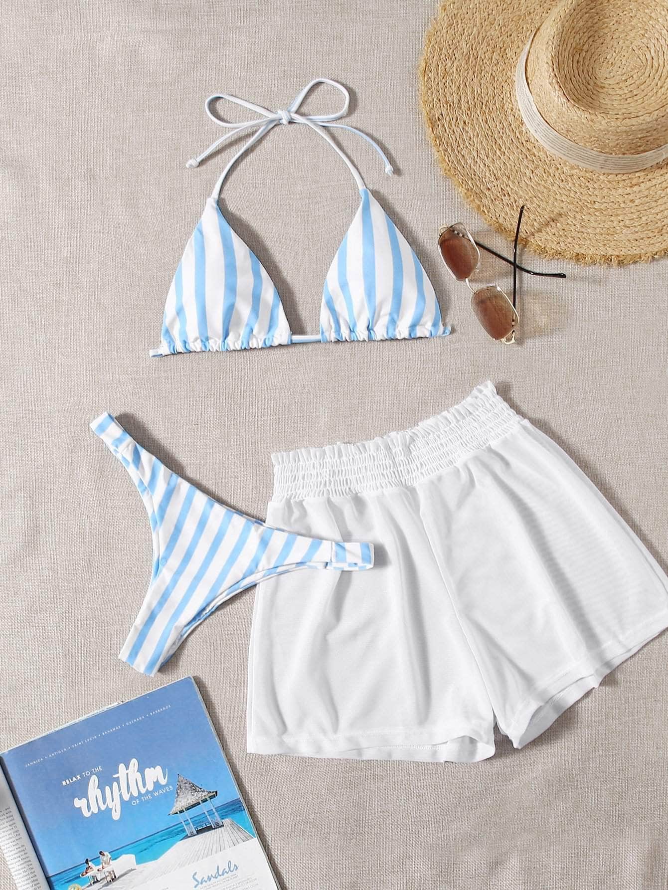 Azul y blanco / M Vestido de baño bikini triángulo de rayas con shorts con malla