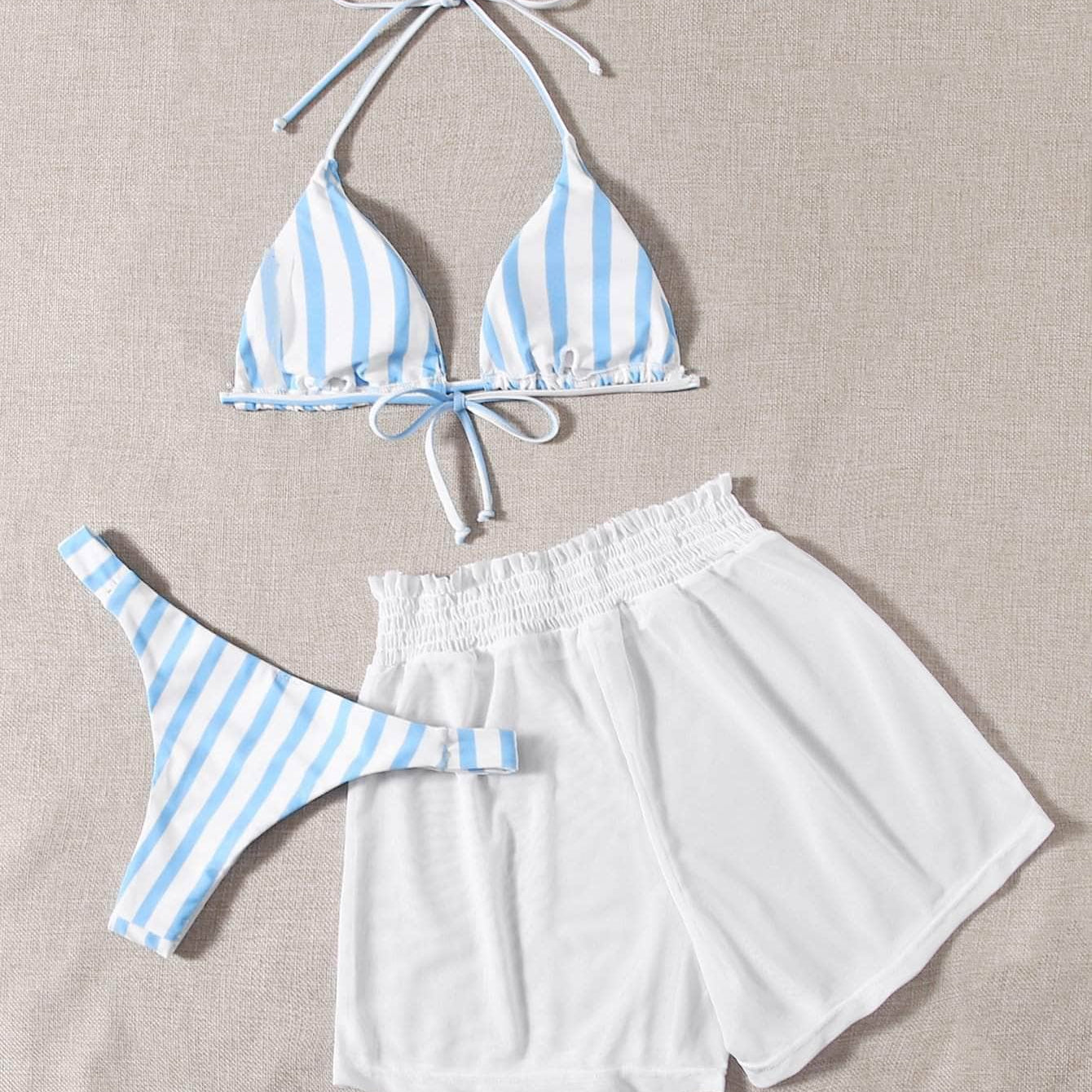 Azul y blanco / S Vestido de baño bikini triángulo de rayas con shorts con malla