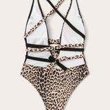 Vestido de baño una pieza con cordón de leopardo en contraste