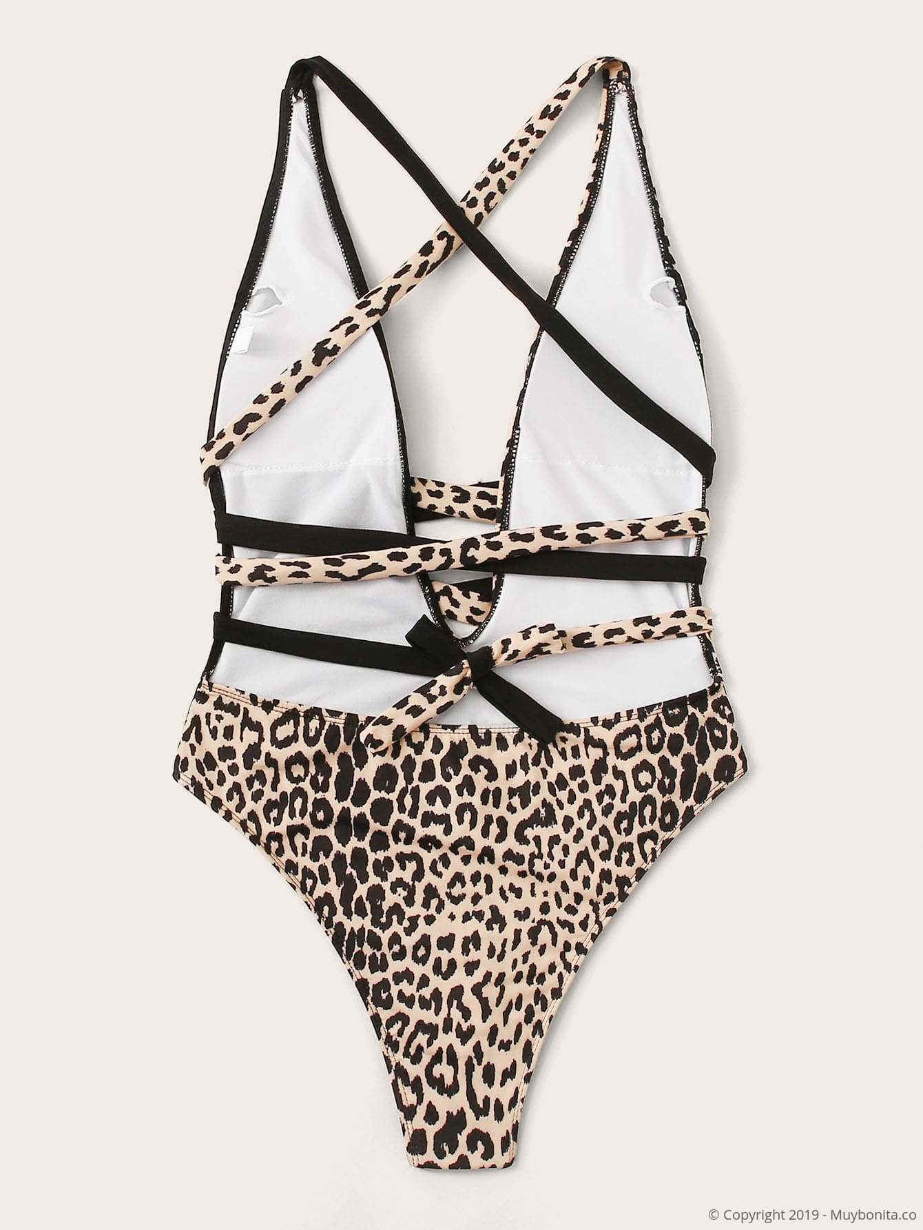 Vestido de baño una pieza con cordón de leopardo en contraste