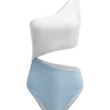 Azul y blanco / XS Vestido de baño una pieza de un hombro con abertura de canalé de dos colores