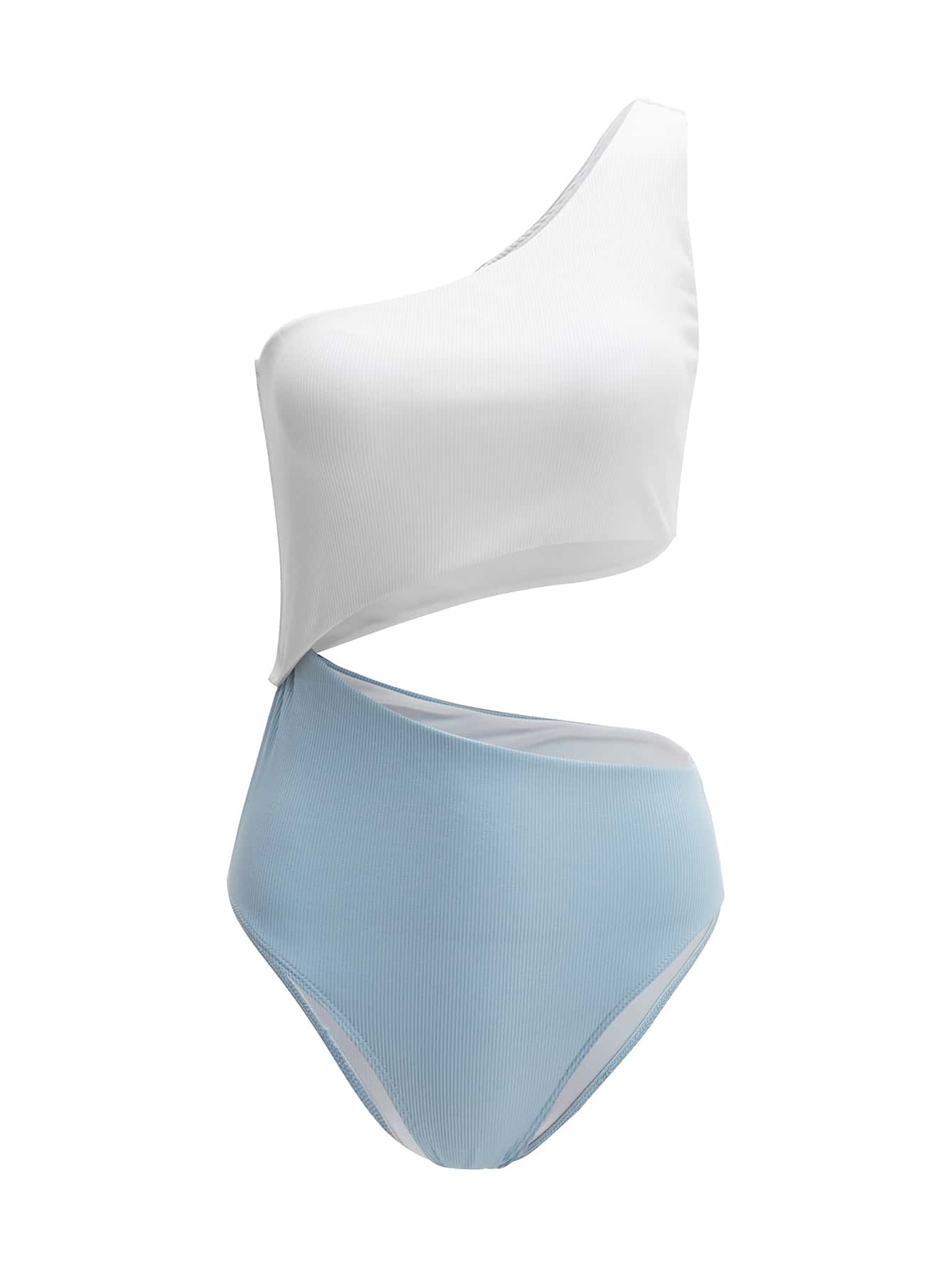 Azul y blanco / XS Vestido de baño una pieza de un hombro con abertura de canalé de dos colores